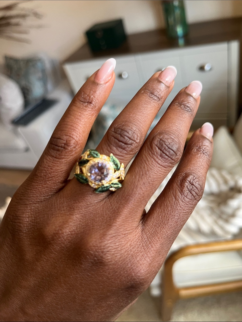 Gold-tone Floral Cluster Ring with Green Leaf Accents